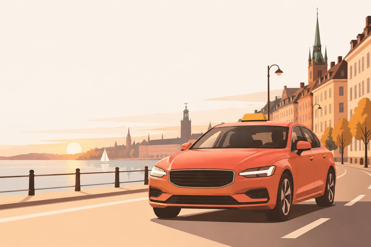 Koralröd Rida-taxi på en kaj i Stockholm i solnedgång